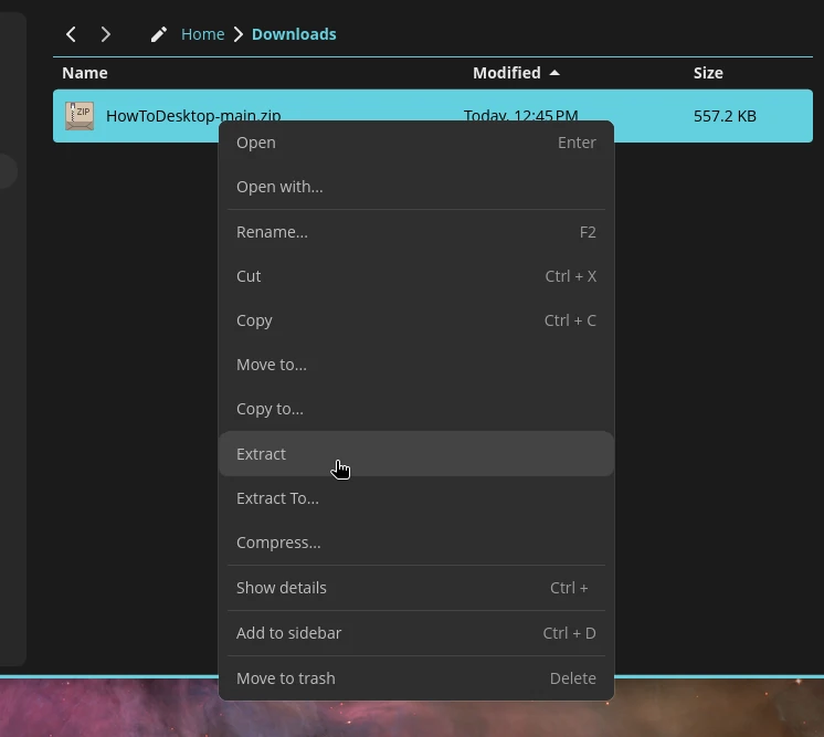 The Extract option in the context menu.