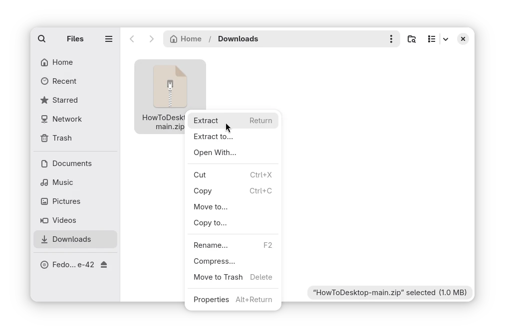 The Extract option in the context menu.