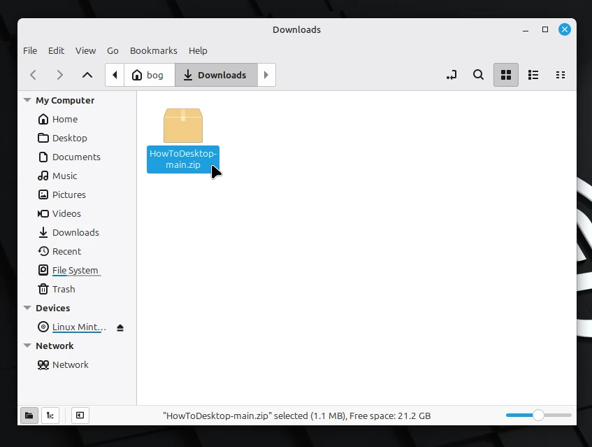 In this case, I have a .zip file in my Downloads folder.